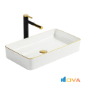 Chậu Lavabo Đặt Bàn Chữ Nhật Trắng Viền Vàng Navier NV-437VV