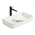 Chậu Lavabo Đặt Bàn Chữ Nhật Trắng Viền Vàng Navier NV-437VV