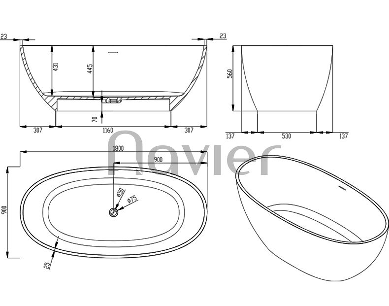 Kích thước Bồn Tắm Nằm Oval Acrylic